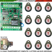 Chiave Elettronica di Prossimità 12 Chiavi TAG Tre Lettori su Modulo LAN Universale 501/503 RJ45 Alimentazione 12/24 Vac Relè Scambio 2A a 24 V Funzione Impulsiva o Stabile Segnale di Stato 4 Led GRVB