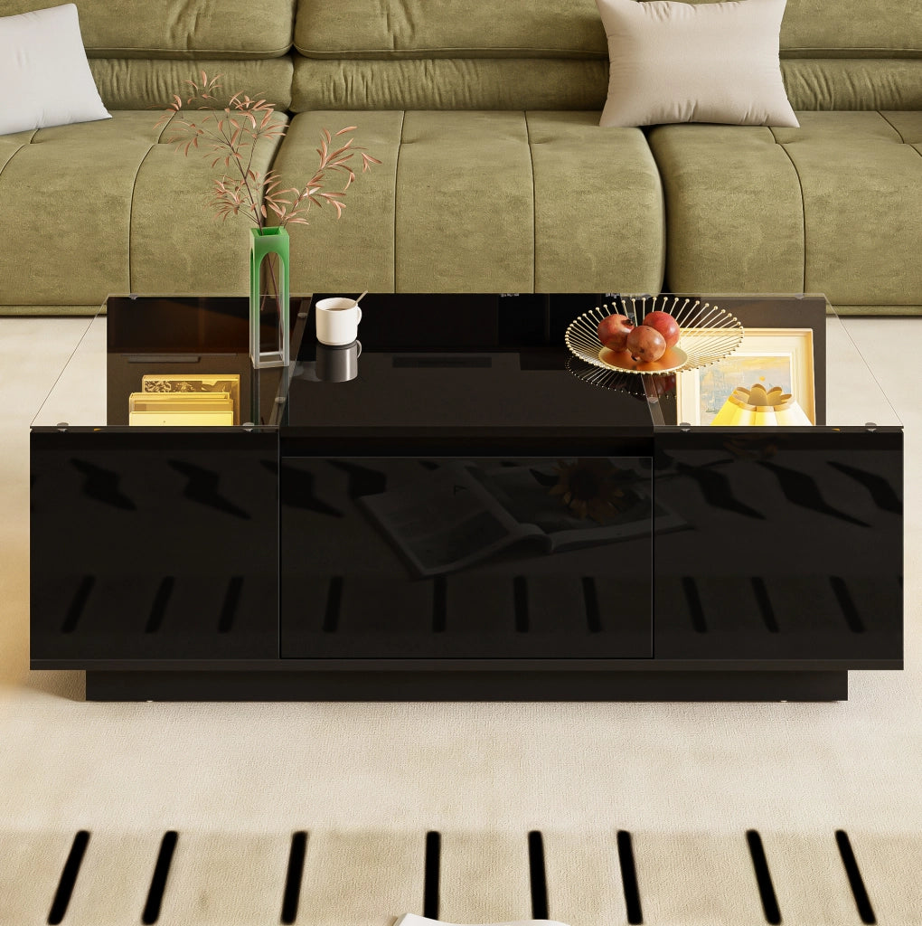 Tavolino da caffè moderno 105 x 50 x 35 cm in truciolare nero con LED e 2 cassetti