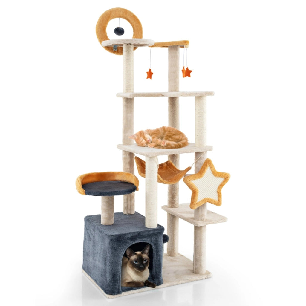 Torre per gatti multi-livello con pali e tavole da graffio in sisal, Albero per gatti da interno da 160 cm