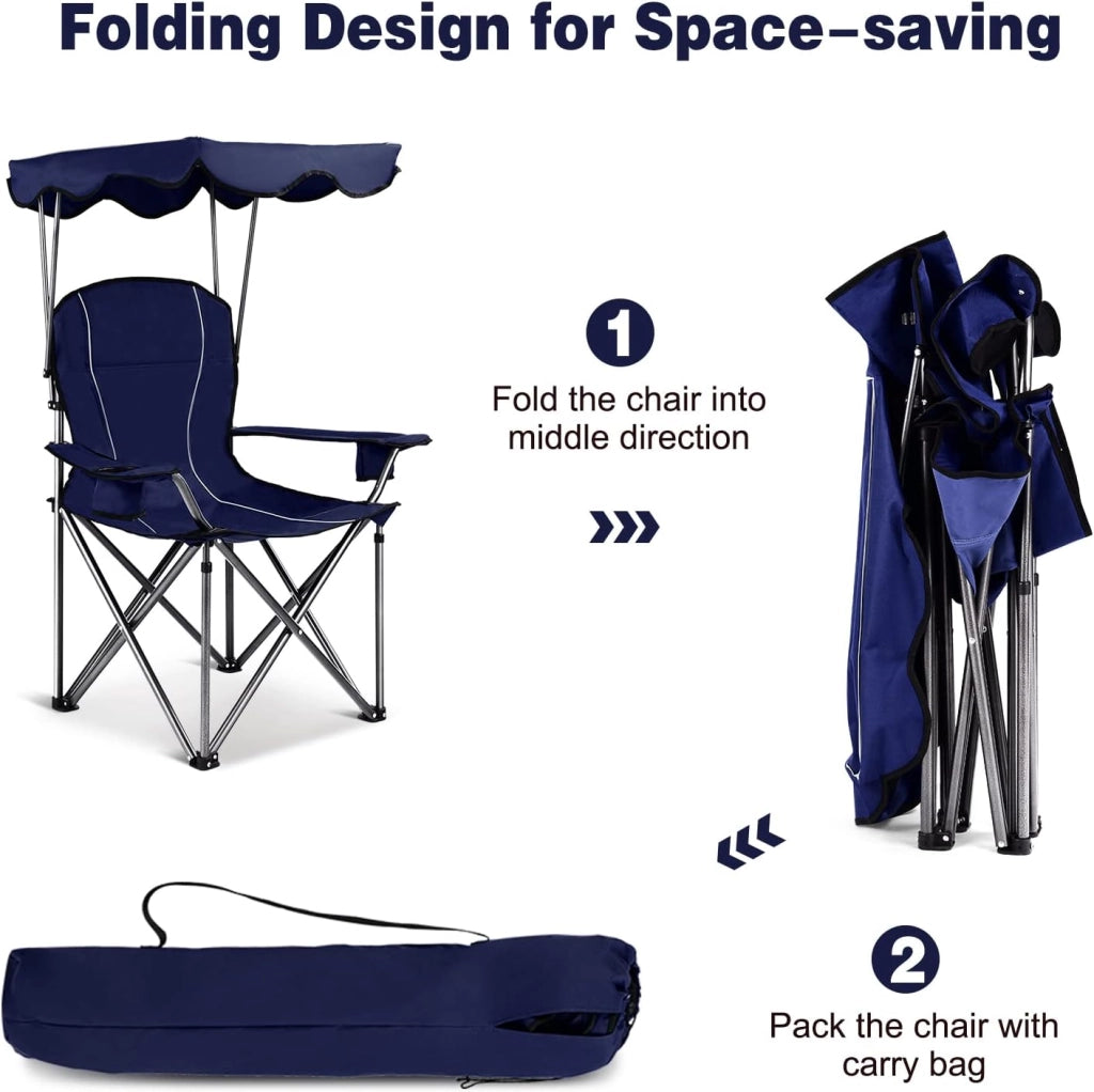 Sedia da campeggio con baldacchino, ombra, sedia da spiaggia e beach chair, pieghevole, con portabevande e borsa, per esterni, fino a 130 kg (blu)