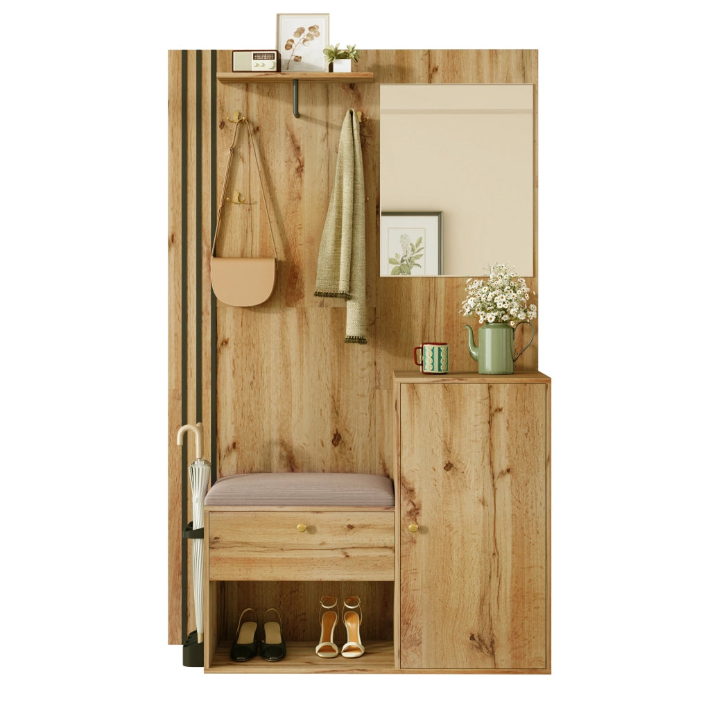 Guardaroba da ingresso compatto con specchio, panca imbottita e portascarpe, struttura in MDF, colore naturale e nero, 115 x 37 x 185 cm