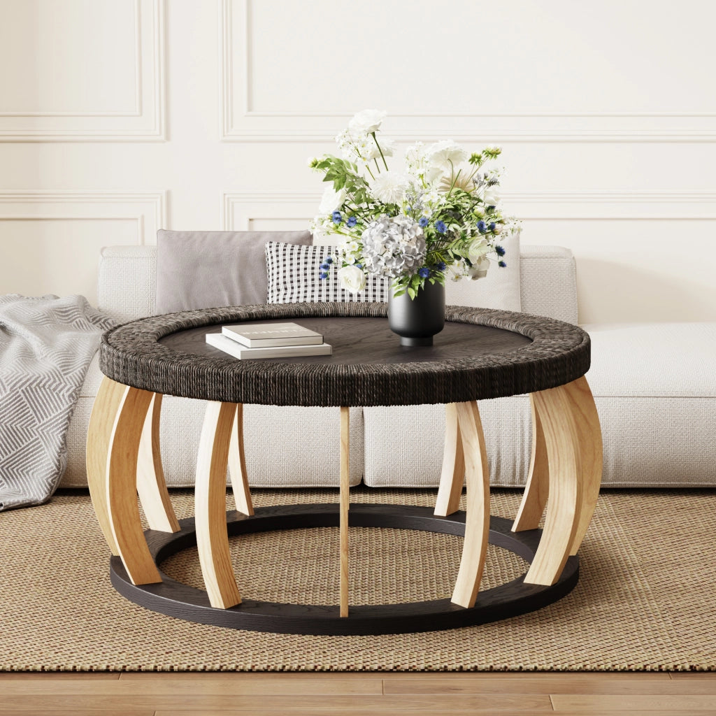 TAVOLO DA CAFFÈ ROTONDO 90x90x43 cm Nero Marrone in Legno Massello e MDF