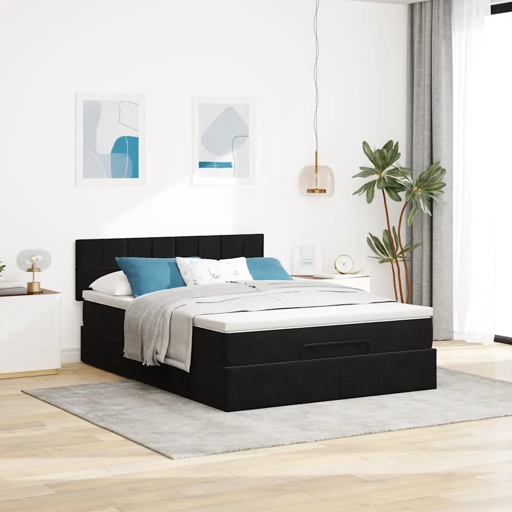 Struttura Letto Pouf con Materasso Nero 140x190 cm in Velluto 3312622