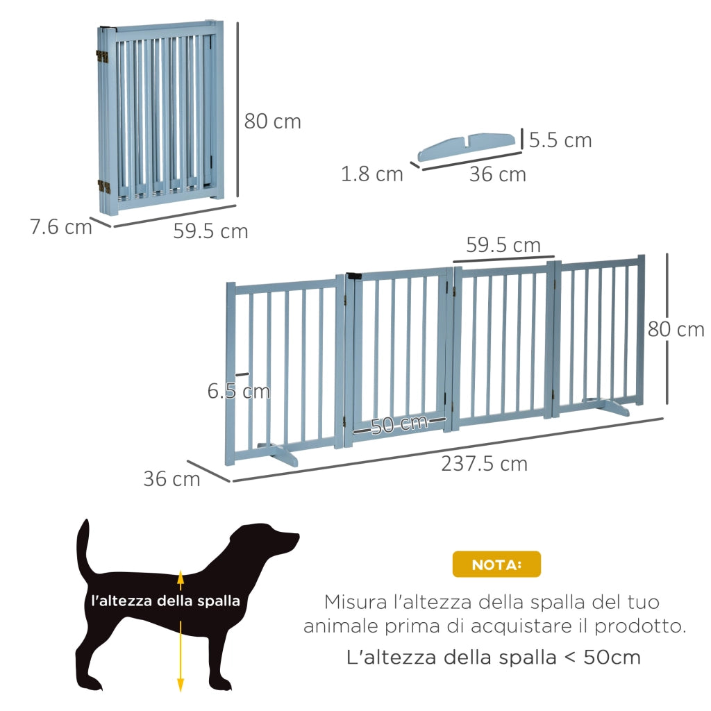 Recinto per Cani Pieghevole ¨C Xylo ¨C 4 Pannelli Legno con Porta 237.5x36x80cm Grigio