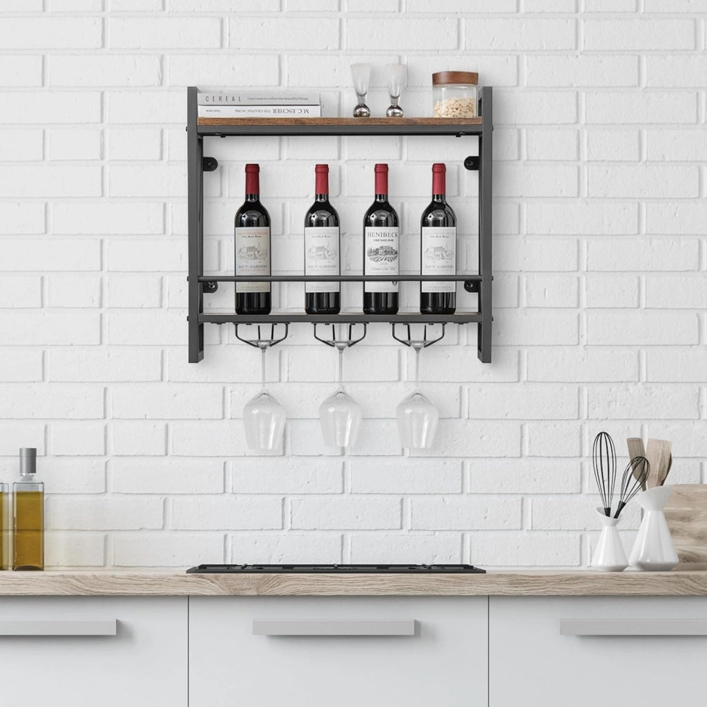 Scaffale per vino da parete, scaffale per bottiglie in legno con telaio metallico, scaffale decorativo da parete con portabicchieri per bicchieri, portabottiglie per bar, cucina, soggiorno