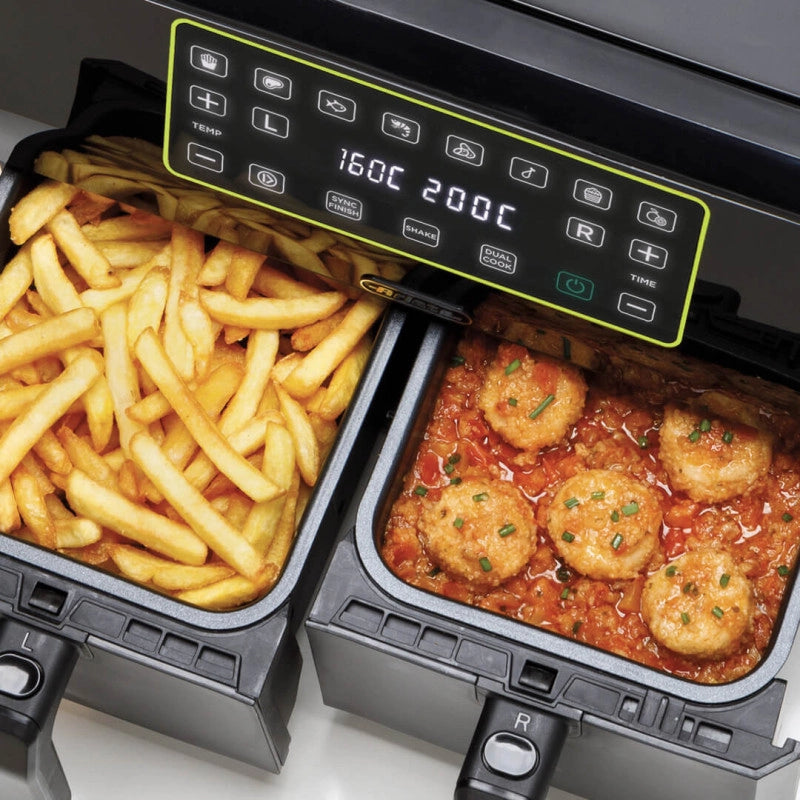 Friggitrice ad aria 1700W con doppio cestello, 8L - 3 funzioni di cottura, pannello digitale LED - Nero