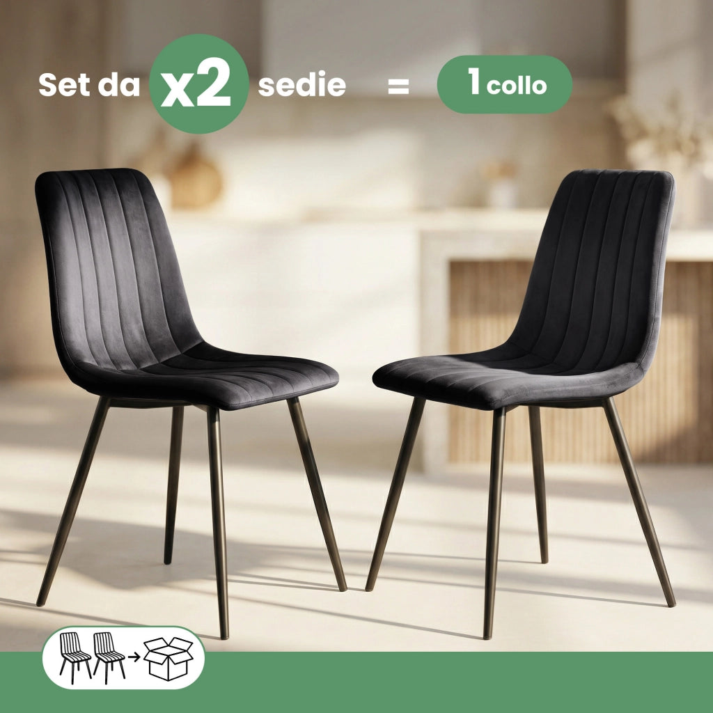 Set di 2 Sedie in velluto trapuntate LIVO Nero gambe nere