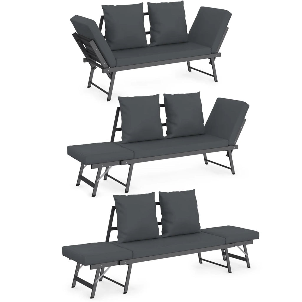 IDMarket - Divano da giardino e panca trasformabile NOLA a 2/3 posti con braccioli reclinabili in metallo e cuscini grigio antracite