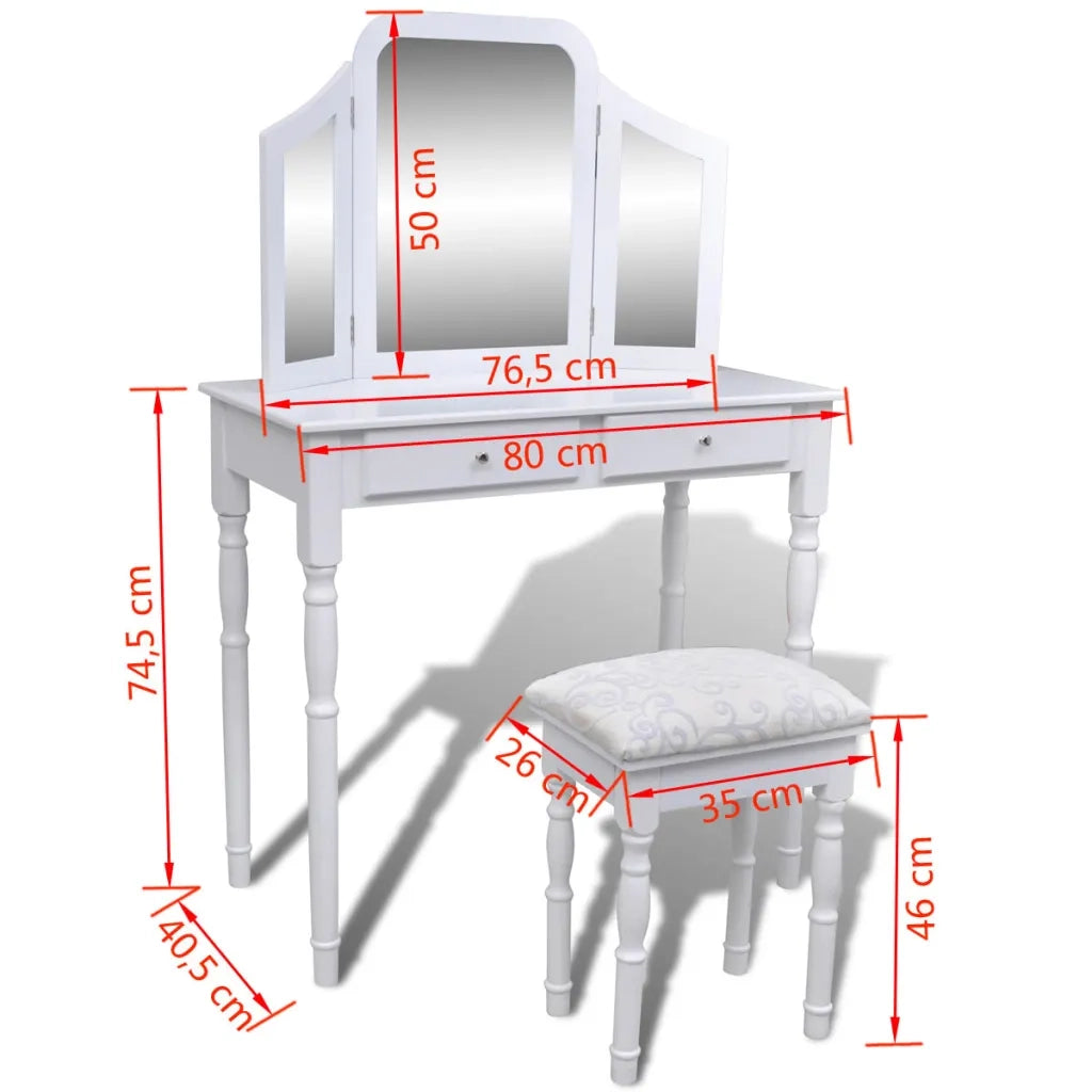 Toletta 3-in-1 con Specchio Sgabello e 2 Cassetti Bianca 241003