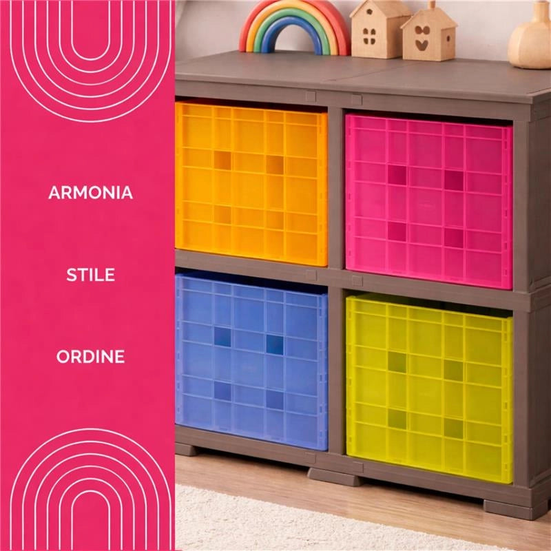 SCAFFALE 2 MODULI WENGÉ 79X41X85,5 CM CON 4 CONTENITORI CUBO A SCORRIMENTO – LIBRERIA SALVASPAZIO ORGANIZZAZIONE CASA