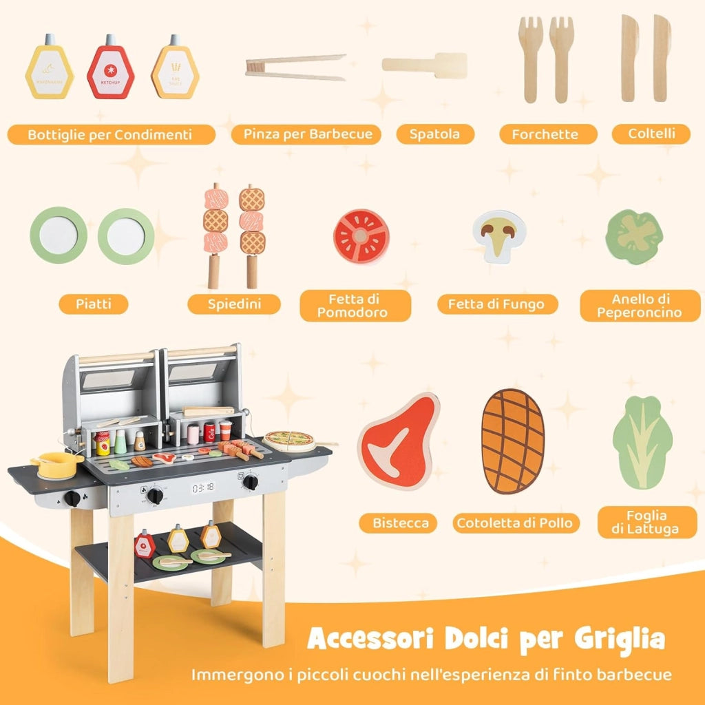 Set di Gioco per Barbecue in Legno per Bambini, Gioco di Griglia per Bambini con 2 Grill, Coperchi Ribaltabili, Ricchi Accessori e Cibi Giocattolo, per Bambini 3+ Anni