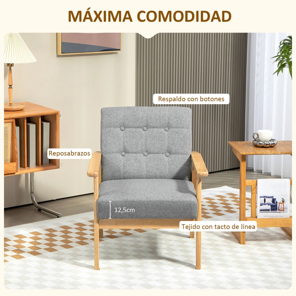 Poltrona in Lino con Braccioli e Struttura in Legno ¨C Zephmum ¨C Grigio Chiaro 130 kg