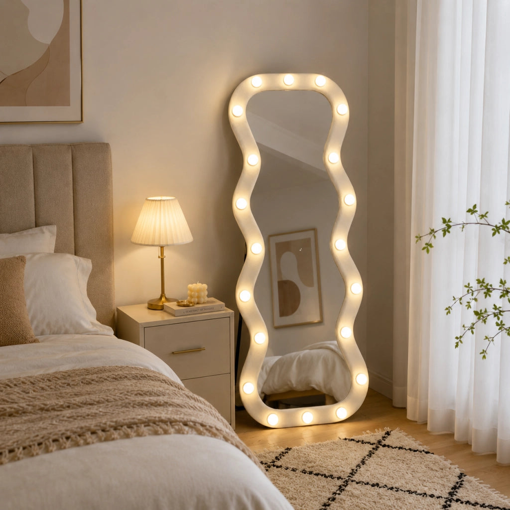 Specchio Grande Ondulato 60x160 cm con 20 Led, Cornice in Velluto Bianco Moderno Accensione Touch