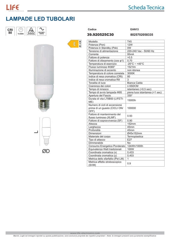 Lampadina a led E27 14W Tubolare Cilindrica 1521 lumen 3000k