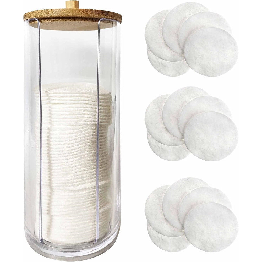 Trade Shop - Dispenser Porta Dischetti Struccanti Trasparente Con Coperchio In Legno 7.5x18.6cm 10824 -
