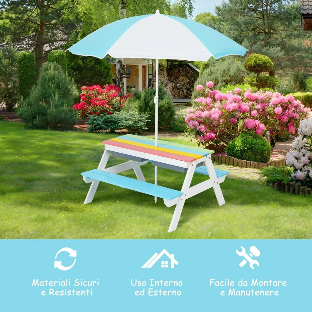 Set Tavolo e Sedie per Bambini da Giardino 3 in 1, con Ombrellone Rimovibile e Regolabile, Piano Rimovibile, Tavolo con Panche in Legno per Bambini da Interno Esterno (Blu e Bianco)