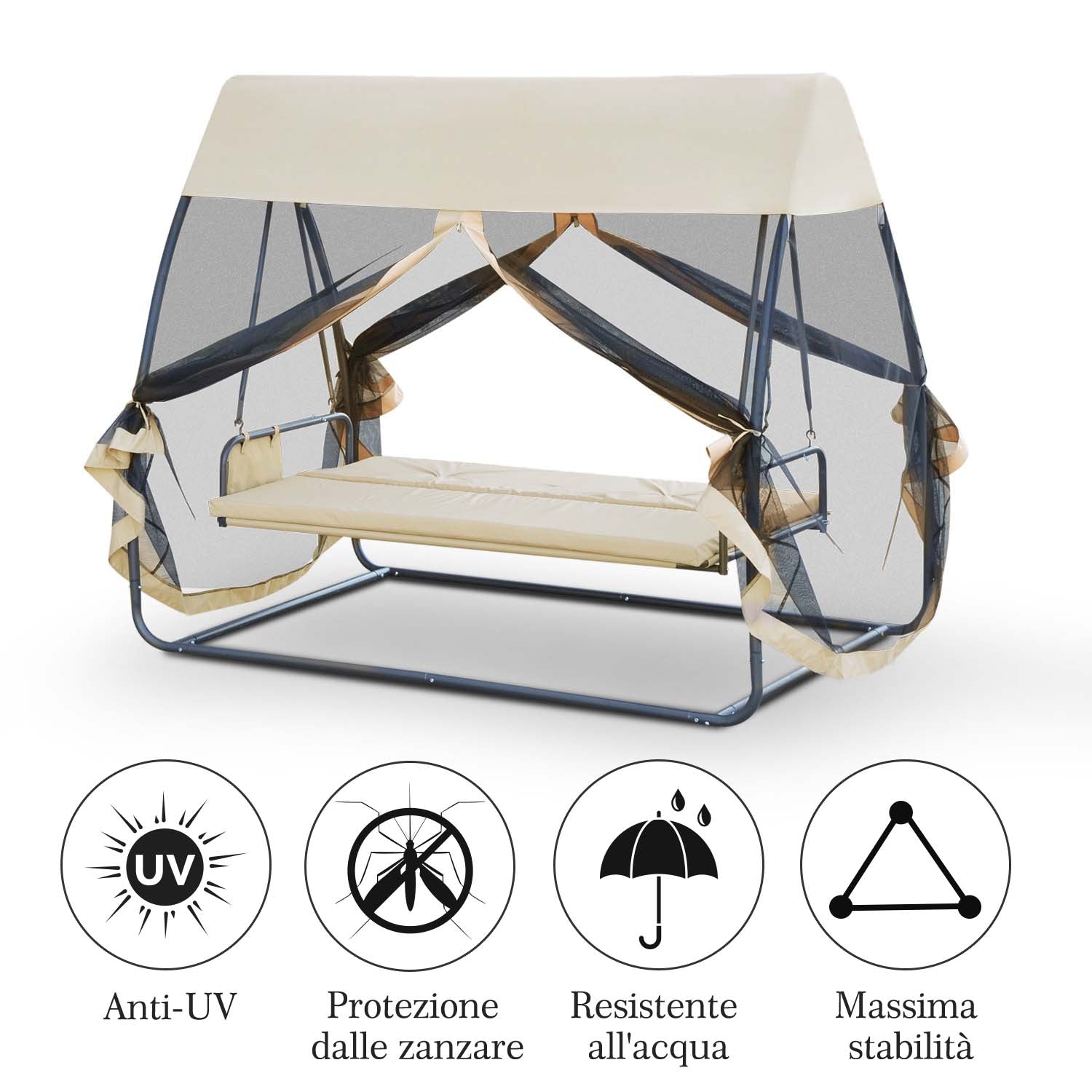 Dondolo 3 Posti da Giardino con Zanzariera Schienale Reclinabile per Funzione Letto Caffè? Chiaro