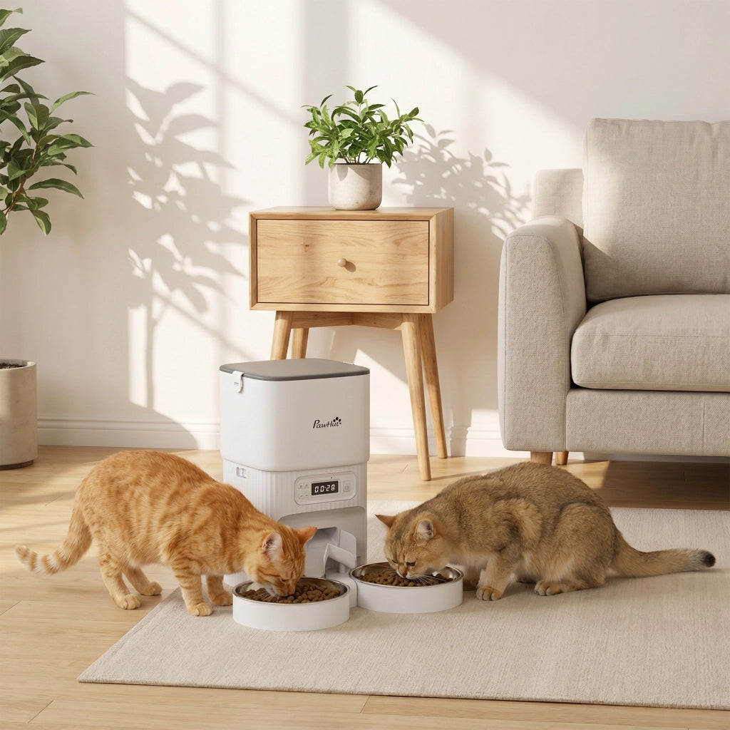 Dispenser automatico cibo per gatti con timer e 2 ciotole acciaio inox ¨C Minimal ¨C Grigio
