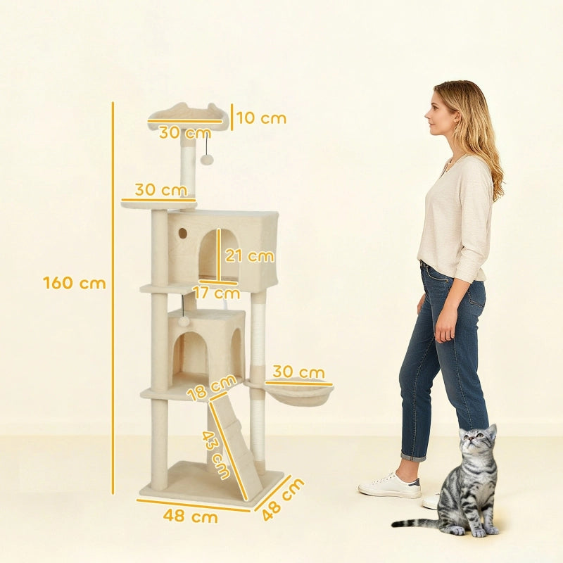 Albero tiragraffi per gatti 160 cm con amaca, scala, cuccia e sisal, beige
