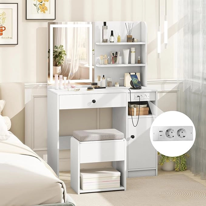 Set Tavolo da Toeletta con Luci, Set Tavolo e Sgabello con Stazione di Ricarica, Ripiano Regolabile, Luci a 3 Colori, Cassetto, Consolle Toeletta con Sgabello Portaoggetti, 90 x 40 x 135,5 cm