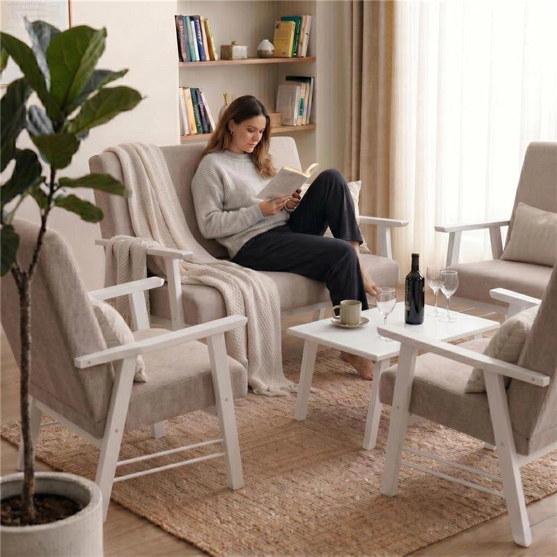 SET SALOTTO DA GIARDINO CON DIVANO, 2 POLTRONE + TAVOLINO IN LEGNO BIANCO E TESSUTO COLORE BEIGE