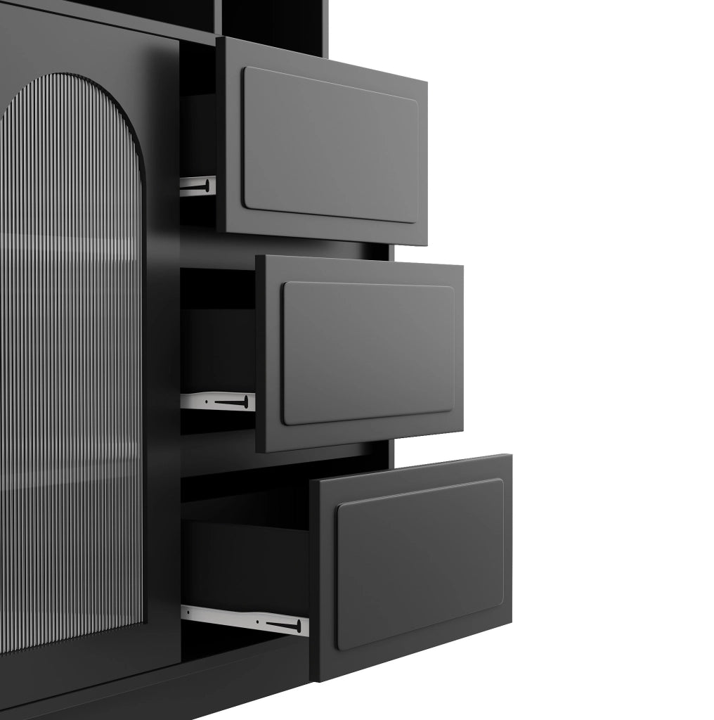 Credenza alta 106x30x175 cm in MDF nero， LED APP e contenitore cucina