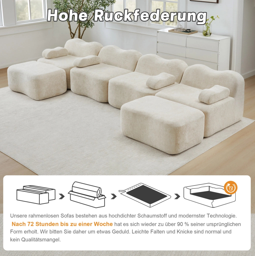 Divano modulare a U in velluto beige; schiuma 32D; senza struttura; 384x167x70 cm