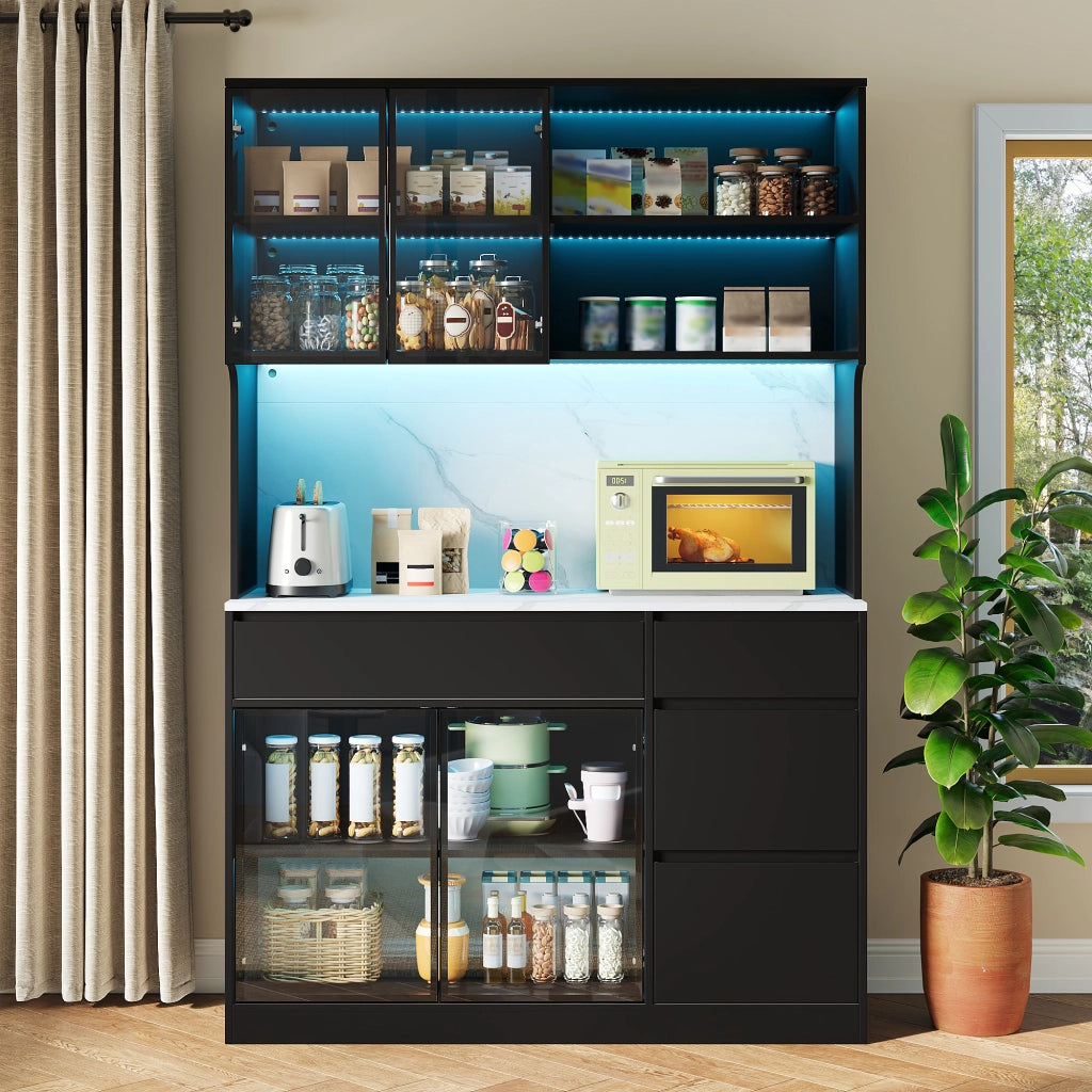 Credenza, mobile da sala da pranzo, finitura in marmo, MDF, ante in vetro, illuminazione a LED, nero e bianco