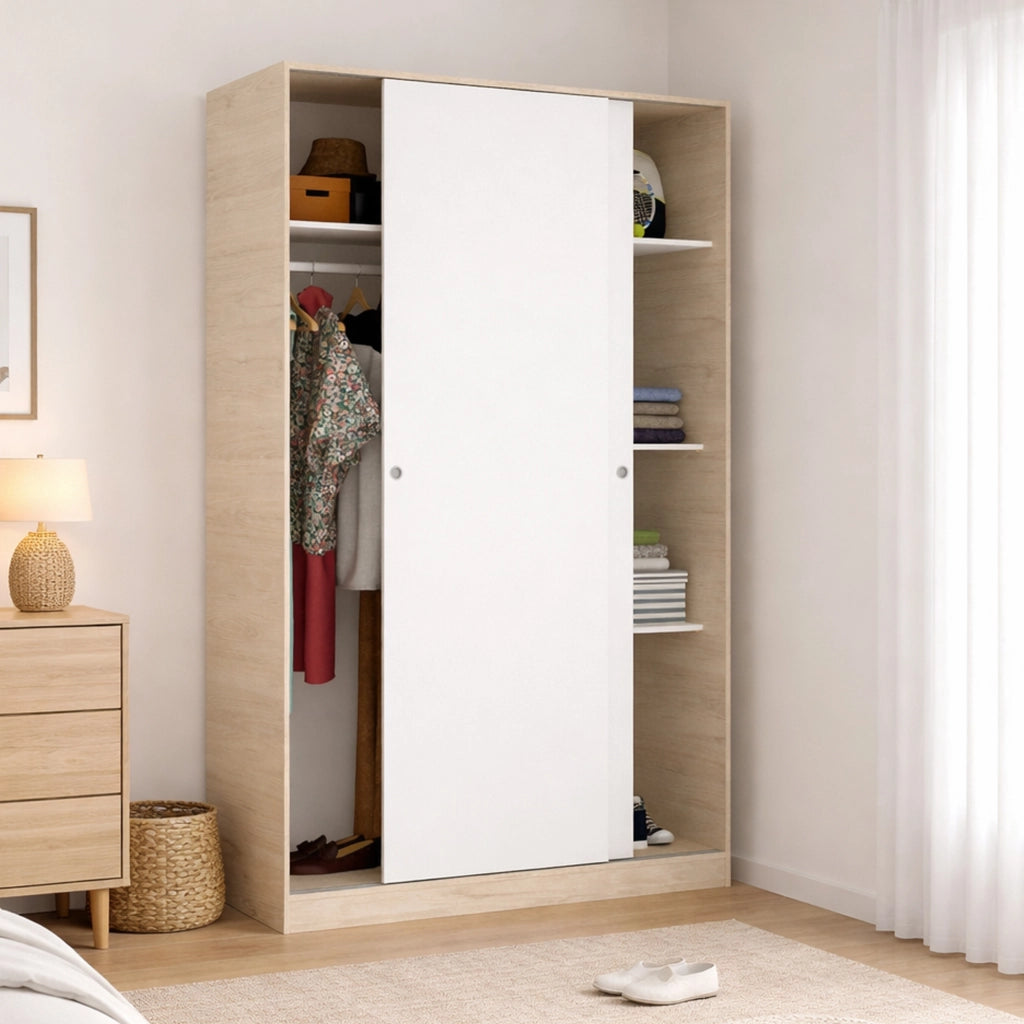 Guardaroba Alyson, Mobile appendiabiti per camera da letto, Armadio a 2 ante scorrevoli, 120x50h204 cm, Bianco e Rovere