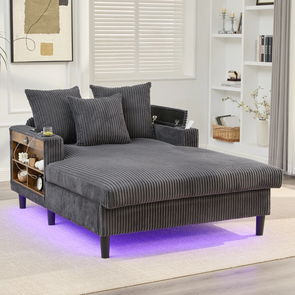 Chaise longue in velluto a coste scuro con porta bevande, LED, USB, contenitore e 3 cuscini