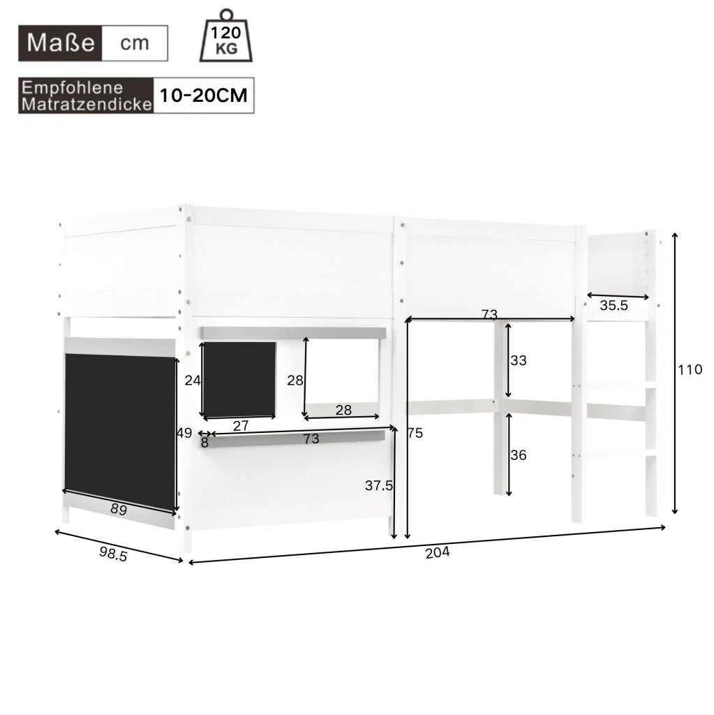 Letto a casetta per bambini con lavagna; scala a 3 gradini; 90x200 cm; in legno bianco