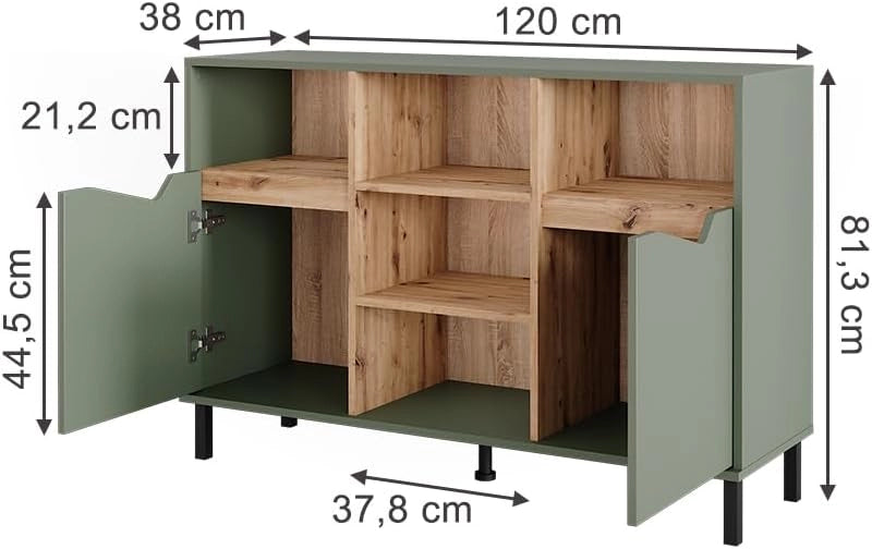 Credenza Marelle, Verde/Artigianale, 120 x 81.3 cm con 2 porte, per la conservazione di abiti, libri o oggetti domestici
