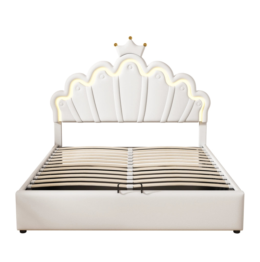 Letto imbottito 140x200 cm con contenitore e LED; testiera a nuvola con corona; PU bianco