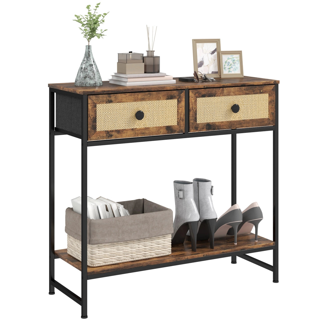 Consolle Ingresso con Ripiani e 2 Cassetti Rattan ¨C Xylo ¨C 80x30x75 cm Marrone