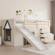 Letto a Soppalco Basso con Scivolo, Cassetti e Porte ¨C MINIMAL ¨C 90x200, Crema