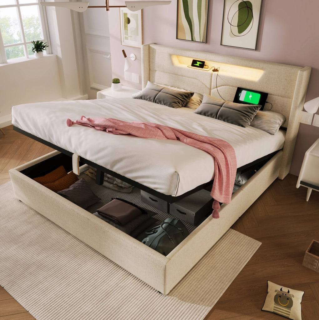 Letto matrimoniale imbottito con LED, USB e USB-C, contenitore alzabile, 160x200