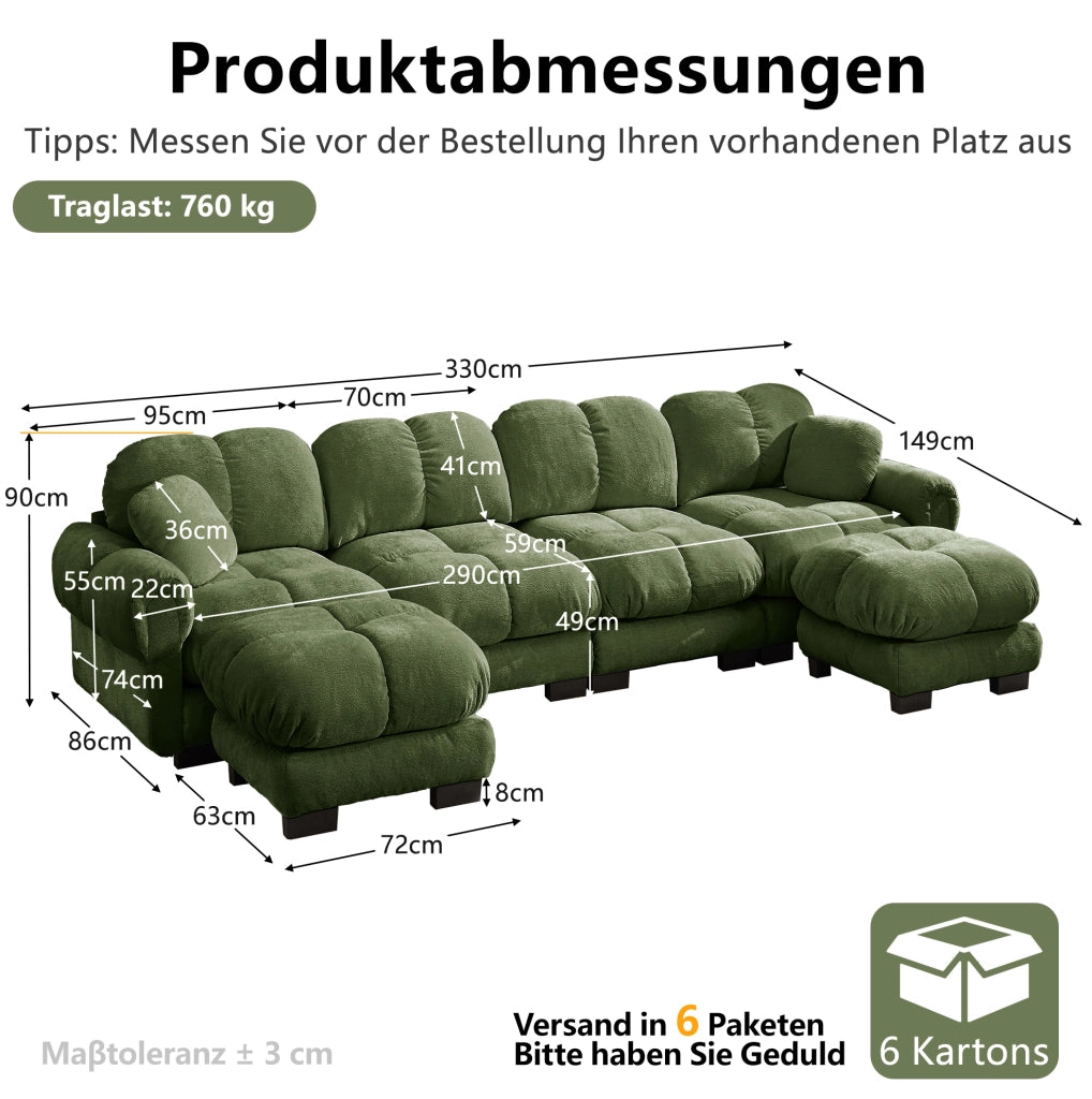 Divano modulare angolare a U in chenille verde 330x149x90 cm con pouf mobili