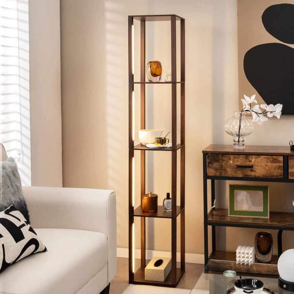 Lampada da Terra con Mensola, Lampadine LED Dimmerabili a 3 Livelli e Poli LED Ruotabili, Piantana Lampada da Terra per Soggiorno, Studio e Camera da Letto (Marrone)