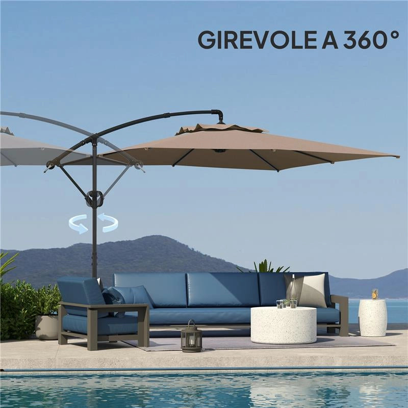 OMBRELLONE A BRACCIO 3X3 M CON COPERTURA REGOLABILE E BASE A CROCE IN METALLO E POLIESTERE COLOR CACHI