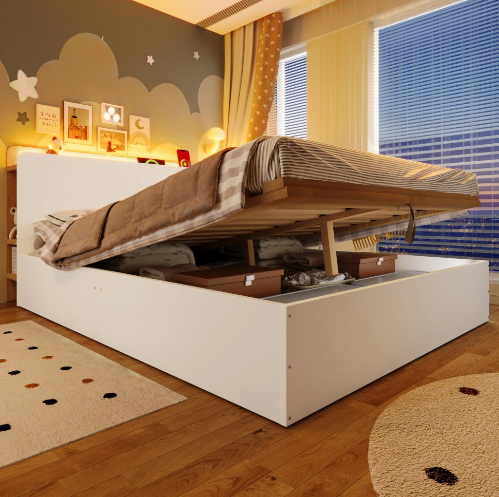 Letto contenitore 140x200 cm con USB Tipo-C e LED; in legno; bianco e naturale