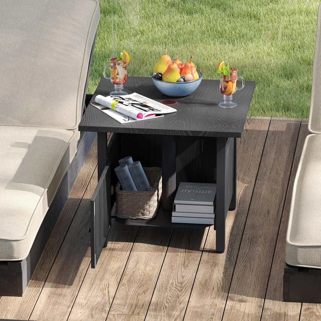 Tavolino da Giardino con Foro per Ombrellone da Ø48 mm, Tavolino da Caffè Rettangolo con 2 Sacchi di Sabbia, Piedini Regolabili e Ripiano Scomparto, Tavolo Basso da Balcone, Cortile, Nero
