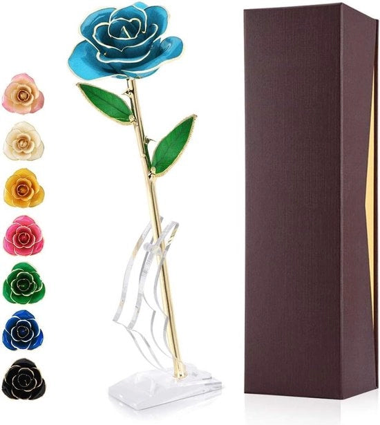 24K Vergulde Echte Roos - Minnaar Vrouw - Unico Regalo per Anniversario di Matrimonio - Rosa con Base e Stelo Blu Clarino