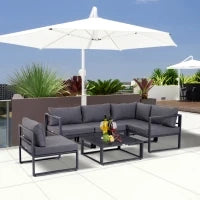 Set da Giardino da 6 Pezzi con  4 Sedie, 1 Divano ad Angolo e 1 Tavolino da Caffè, Salotto da giardino con Cuscini, Mobili da Giardino in Alluminio, Poliestere, Vetro temperato, per 4–5 persone, Grigio