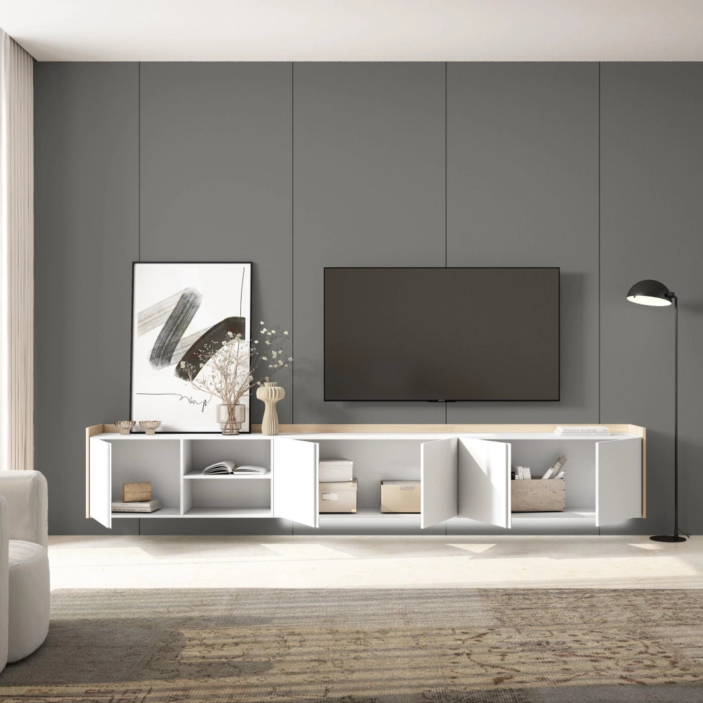 Mobile TV Soggiorno, 309x50x35 cm, Per TV fino a 80", Sospeso, da appendere, LED, Bianco e Rovere soft