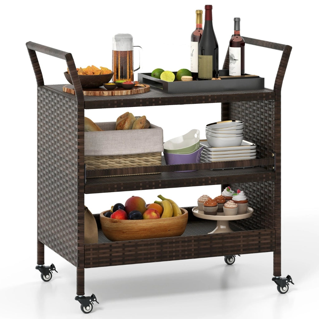 Carrello da bar da esterno con mensola di stoccaggio in vimini da 3 livelli, Tavolino da servizio su ruote per giardino Marrone-Accessori per barbecue