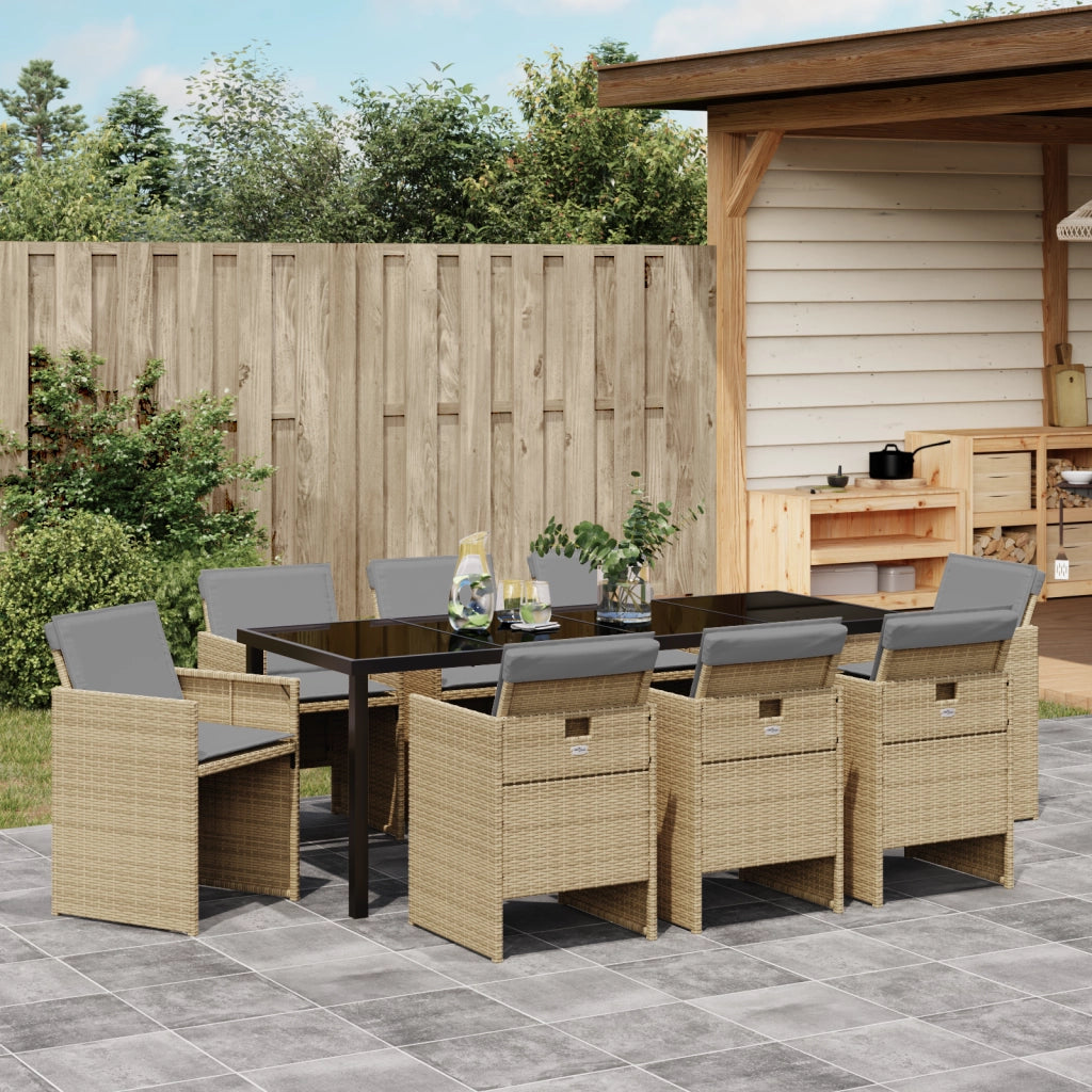 Set da Pranzo da 9 Pezzi per Giardino con Cuscini in Rattan Beige Poliestere