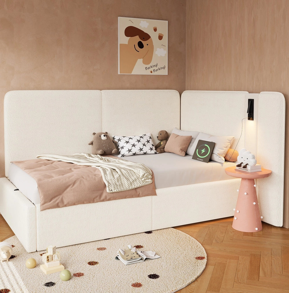 Letto singolo 90x200 cm con contenitore idraulico; lampada da lettura e porte USB; beige in bouclé