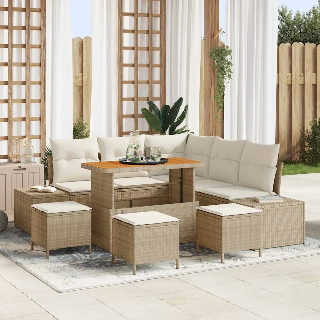 Set Divano da Giardino con cuscino 9 pcs Beige Poly Rattan