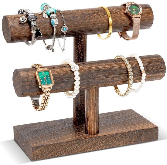 Supporto per orologio a forma T in legno, 2 strati, con supporto per bracciale e display, standard per orologi, con spazio di stoccaggio per bracciali, spille e orologi - marrone