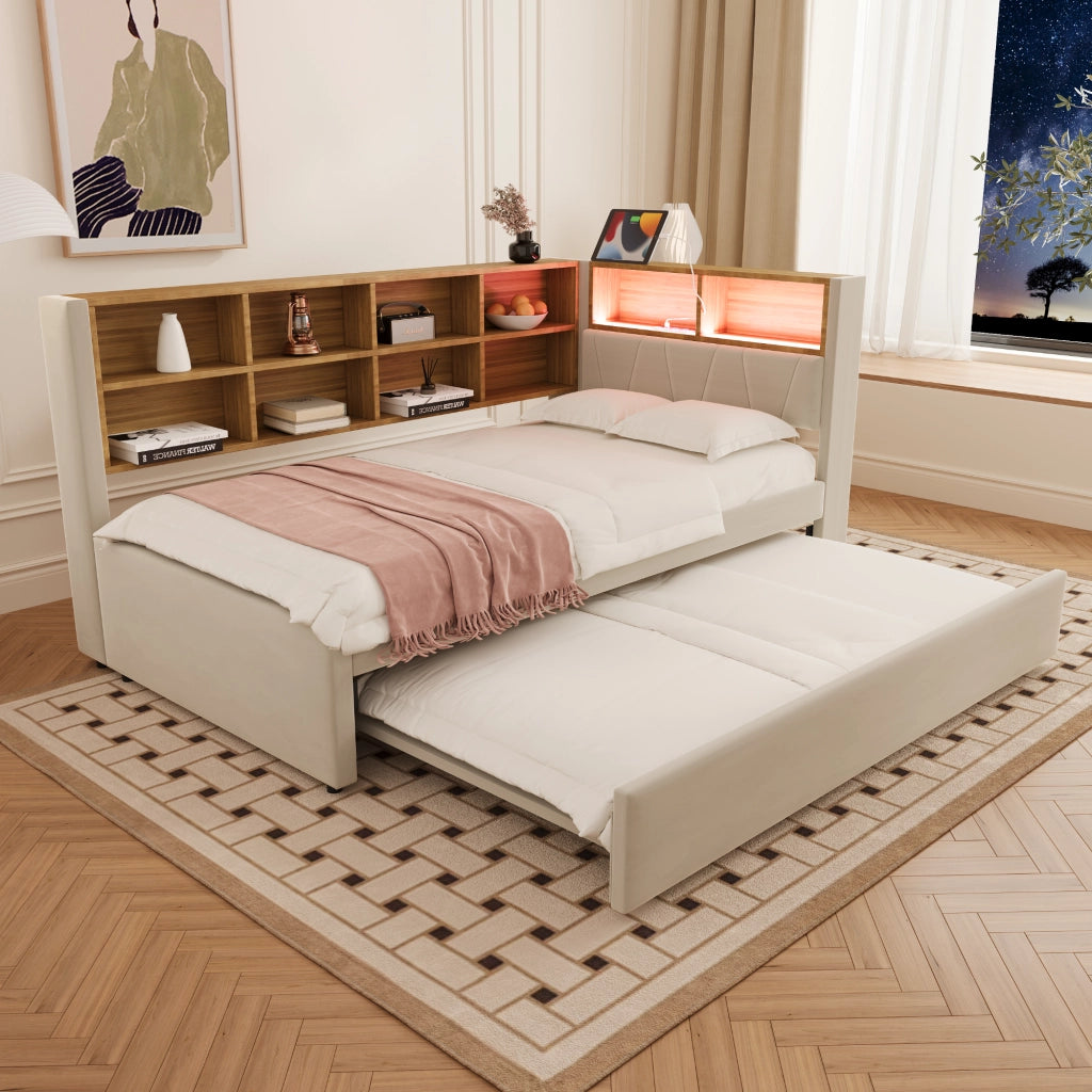 Divano letto multifunzionale con LED; prese e contenitore 90x200 cm; beige